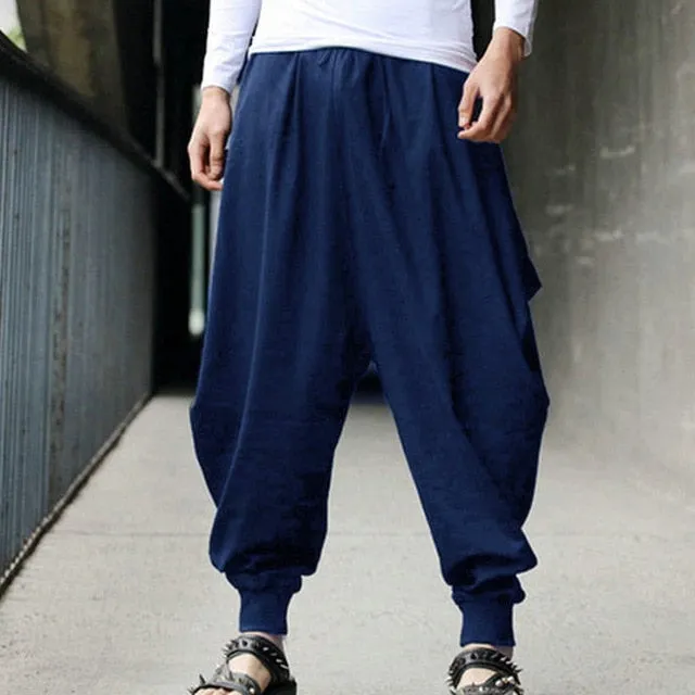 Men Pantalo Linen Pants Summer Harem Loose Pants Low Drop Crotch Wide-Leg Long Trousers Male Japanese Samurai Style Cropped Pant