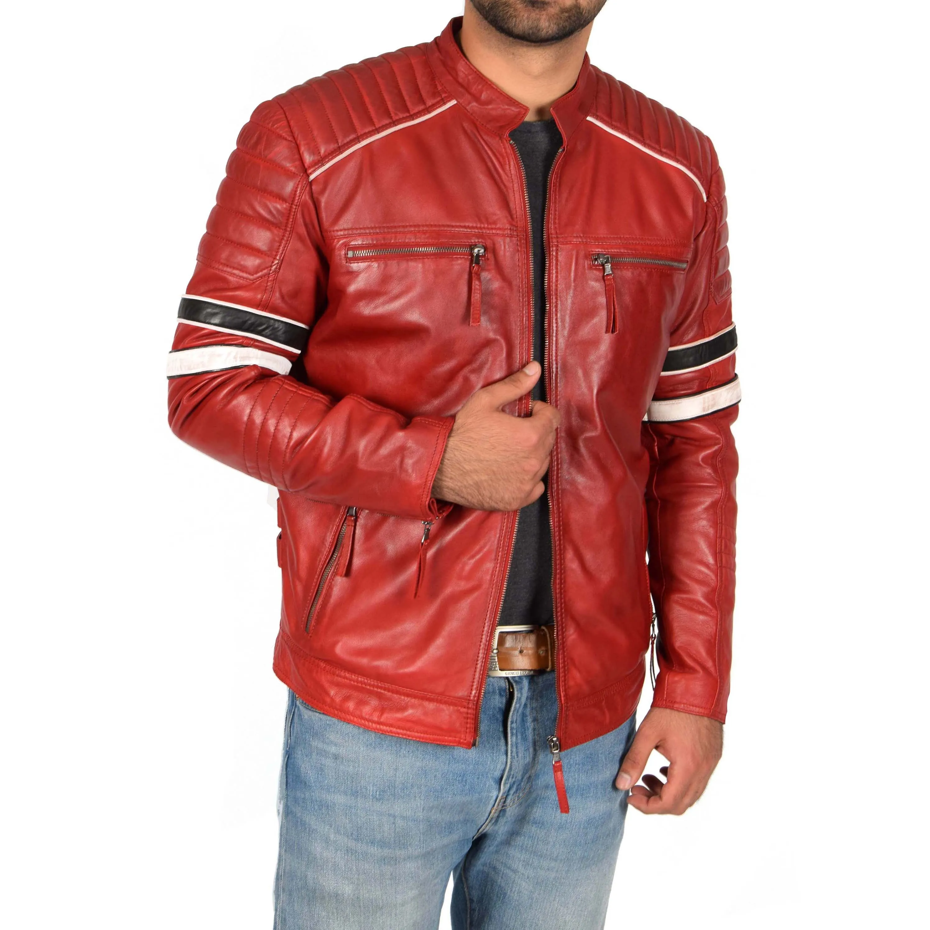 Mens Biker Leather Jacket Stripes Standing Collar Ricky Red