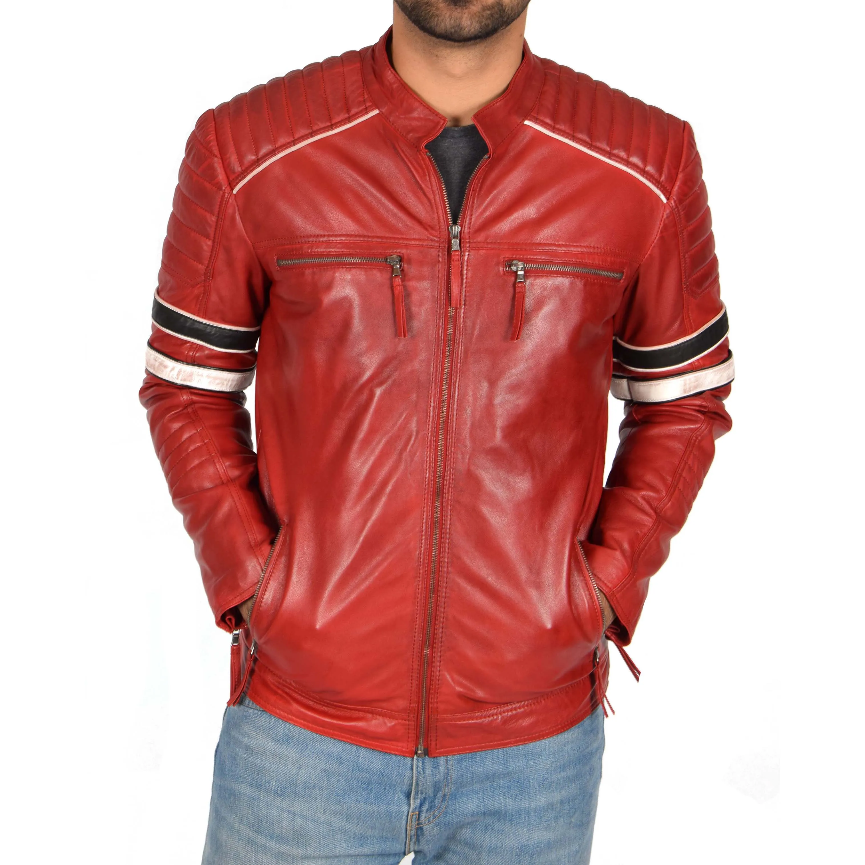 Mens Biker Leather Jacket Stripes Standing Collar Ricky Red