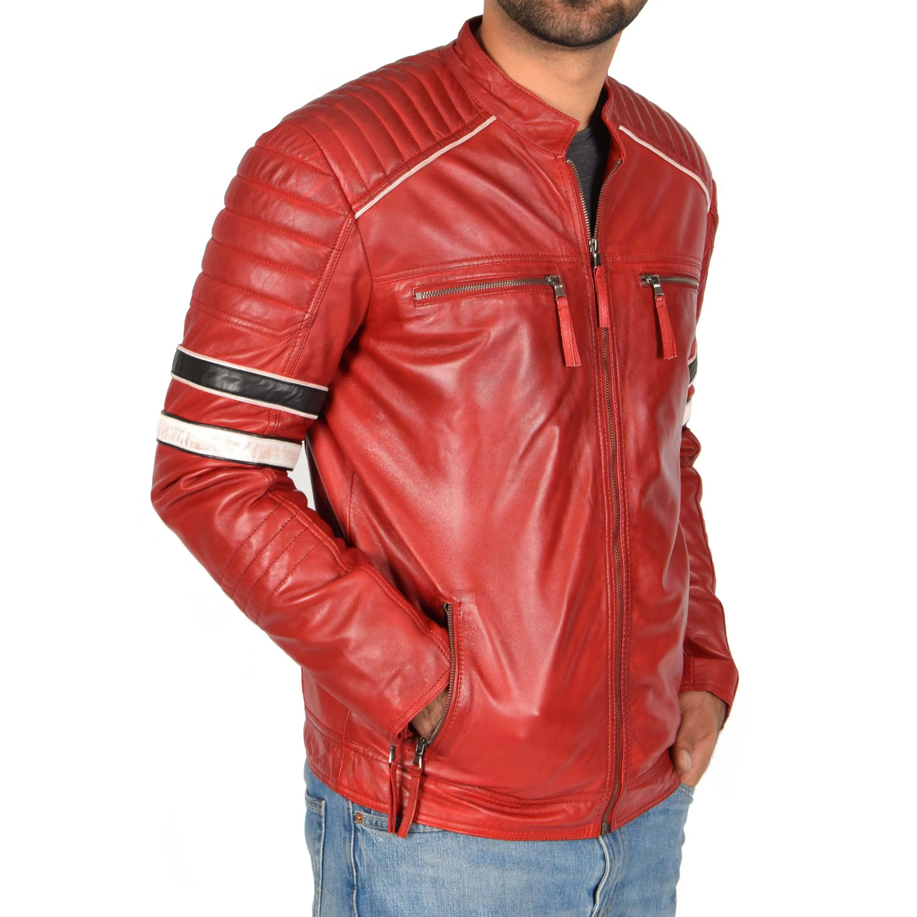 Mens Biker Leather Jacket Stripes Standing Collar Ricky Red