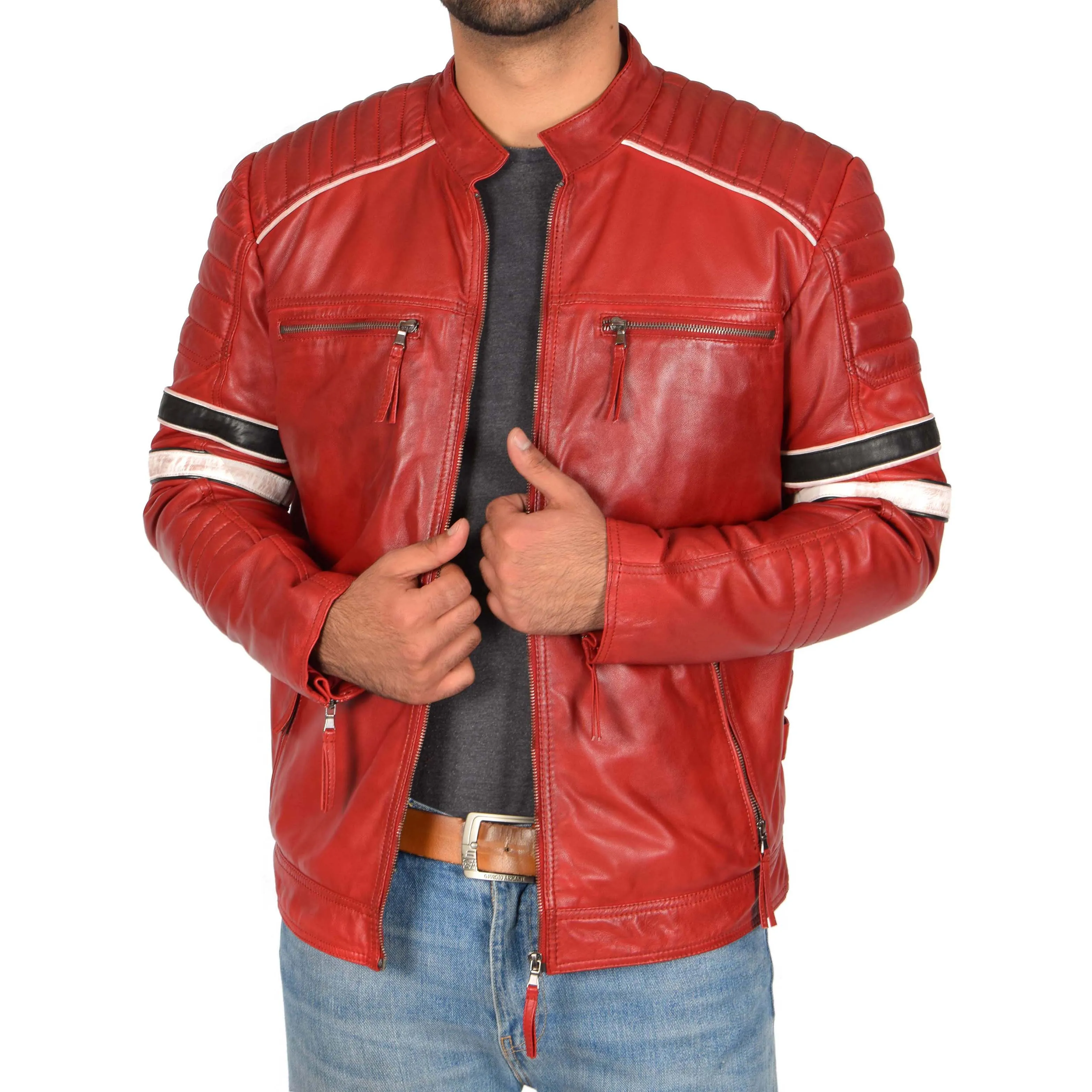 Mens Biker Leather Jacket Stripes Standing Collar Ricky Red