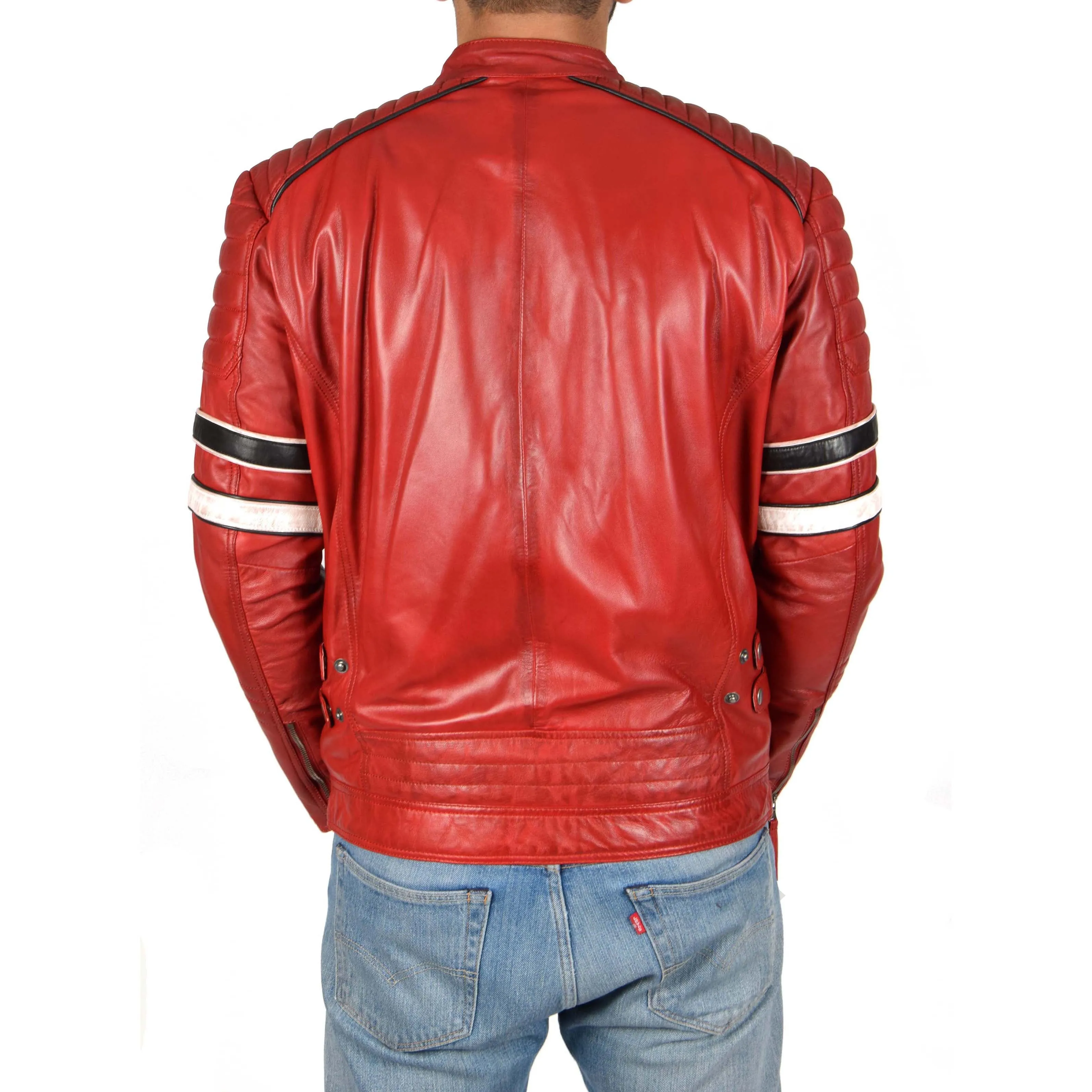 Mens Biker Leather Jacket Stripes Standing Collar Ricky Red