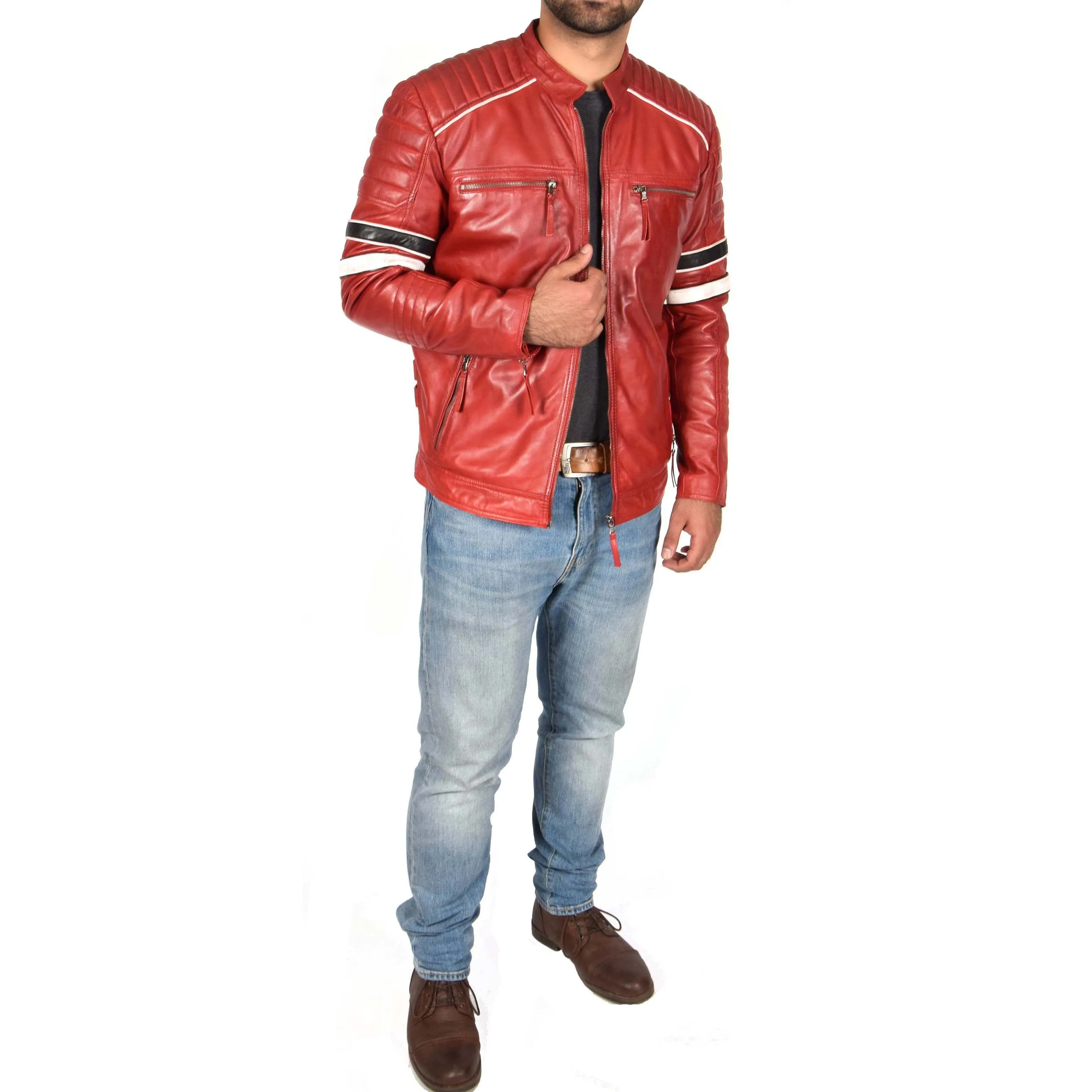 Mens Biker Leather Jacket Stripes Standing Collar Ricky Red