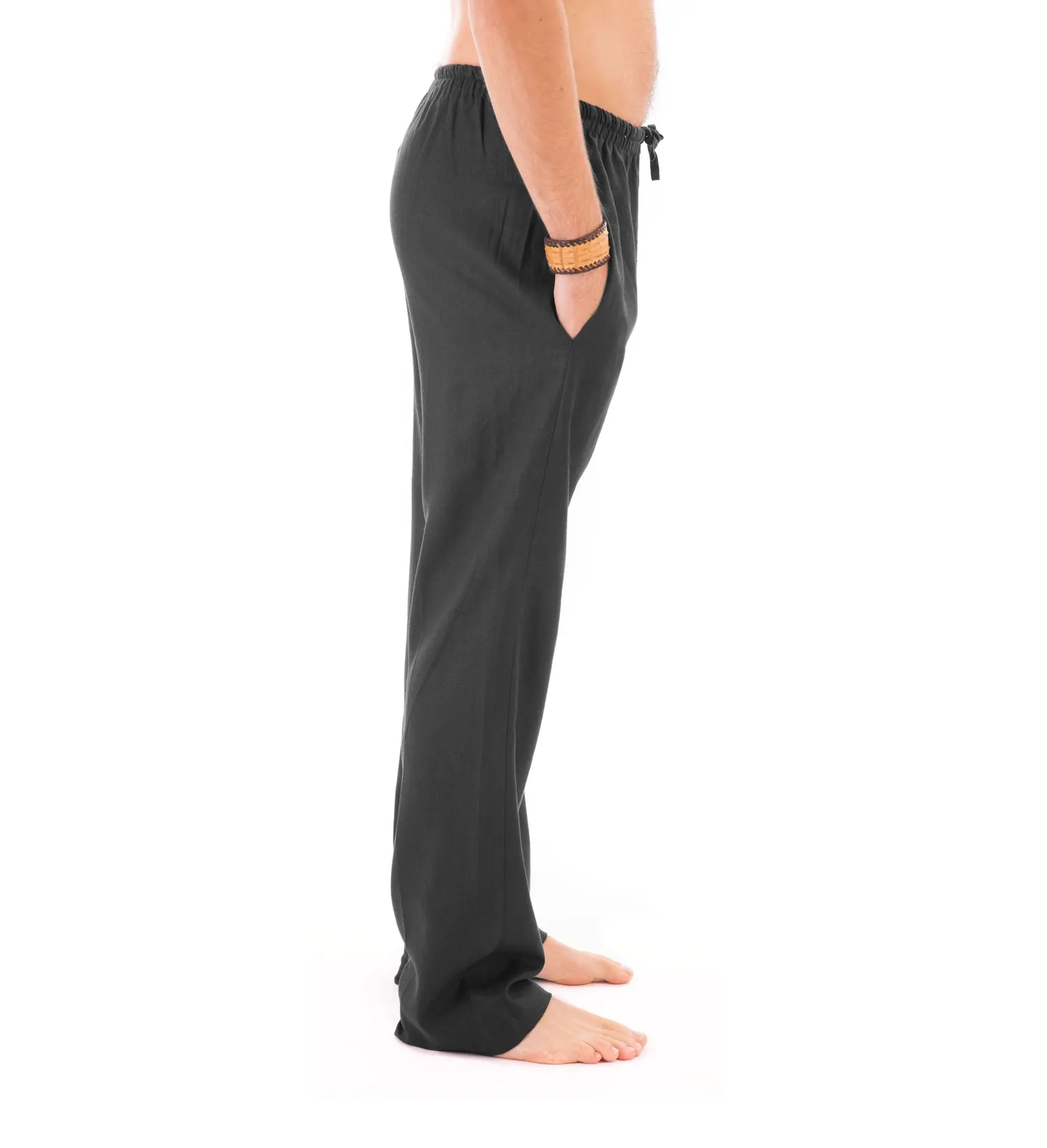 Mens Black Trousers Cotton Yoga Casual Elasticated Draw String Waist  Pockets