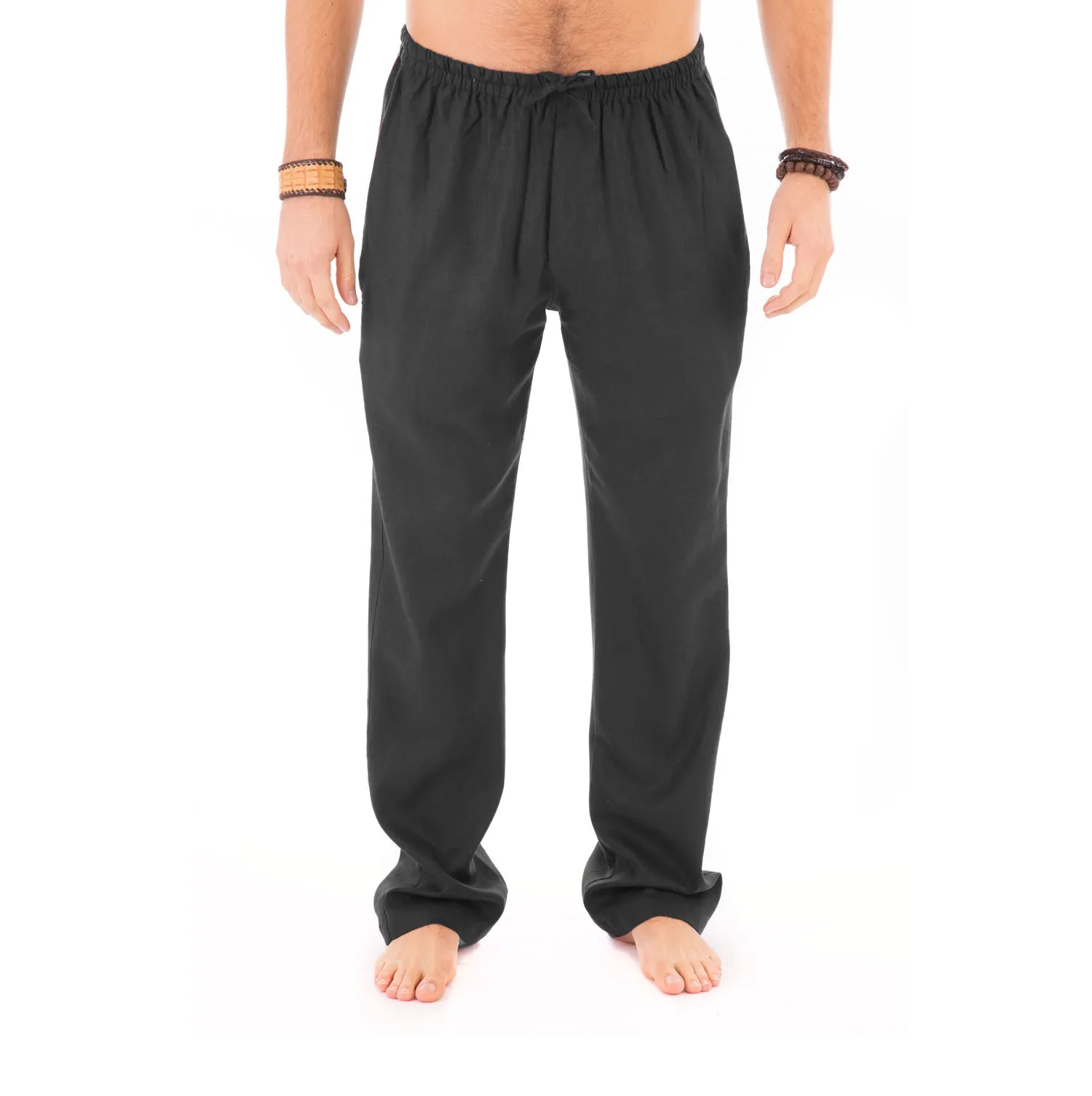 Mens Black Trousers Cotton Yoga Casual Elasticated Draw String Waist  Pockets