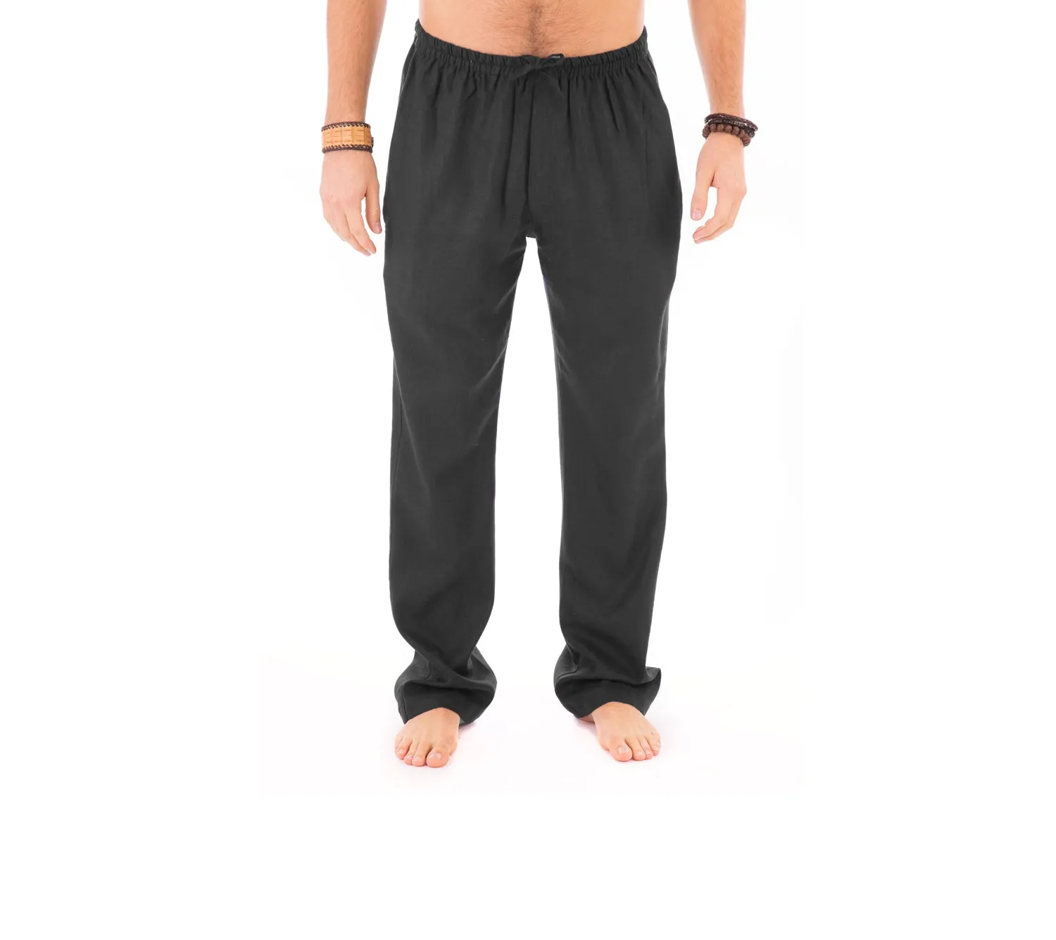 Mens Black Trousers Cotton Yoga Casual Elasticated Draw String Waist  Pockets