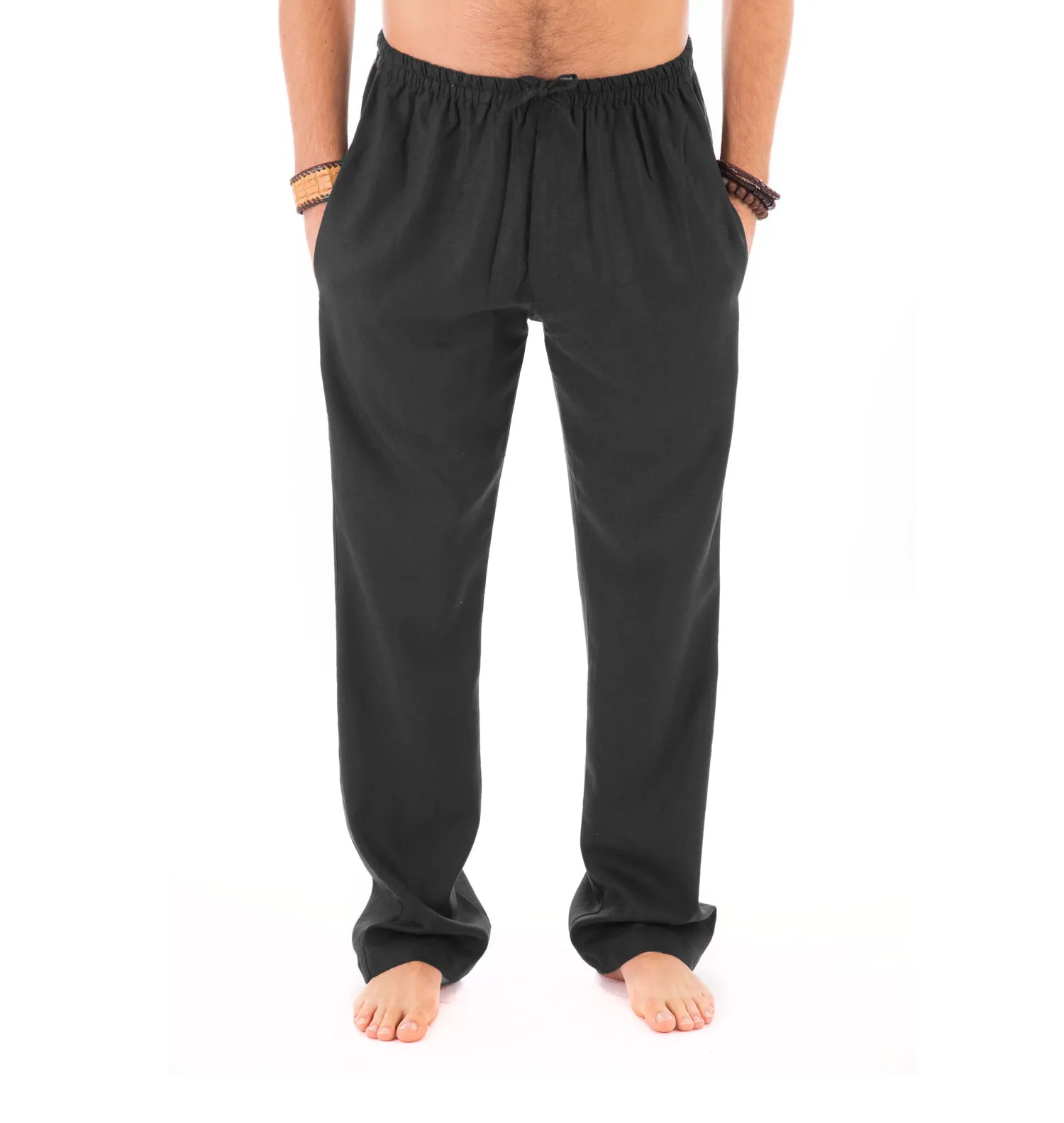 Mens Black Trousers Cotton Yoga Casual Elasticated Draw String Waist  Pockets