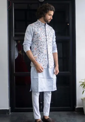 Men's Blue Color Jacket With Kurta Pant Set - Hilo Design