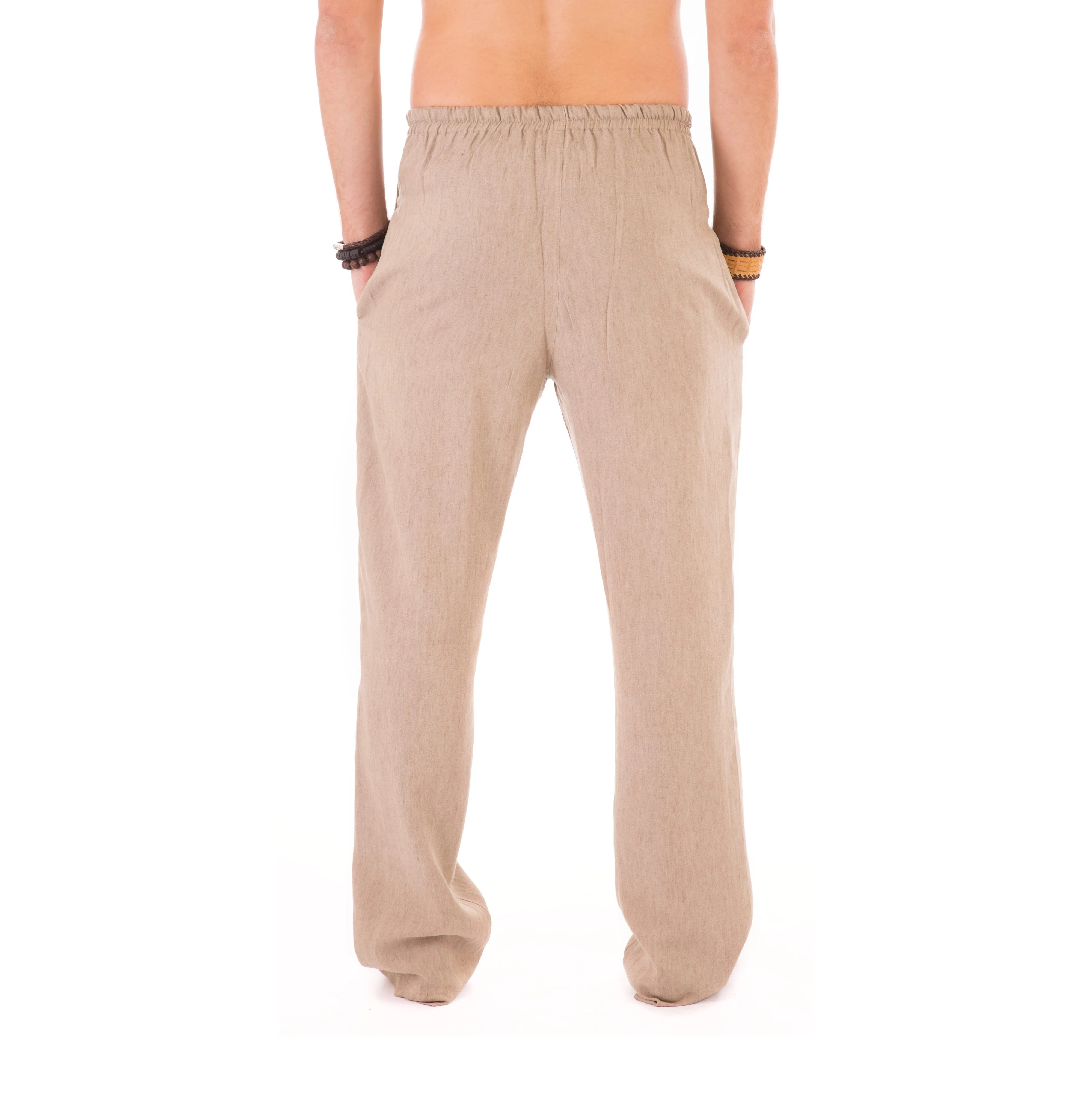 Mens Brown Trousers Cotton Yoga Casual Elasticated Waist Draw String Pockets