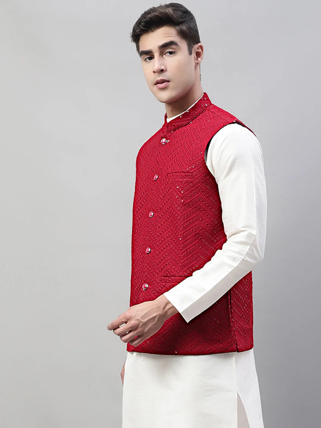 Men'S Sequins Embroidered Rayon Nehru Jacket