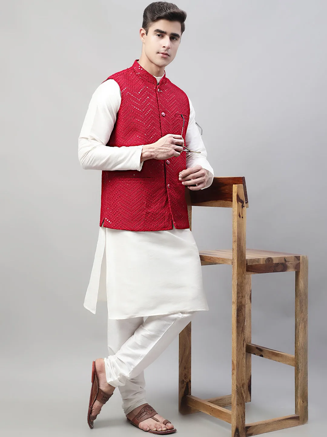 Men'S Sequins Embroidered Rayon Nehru Jacket