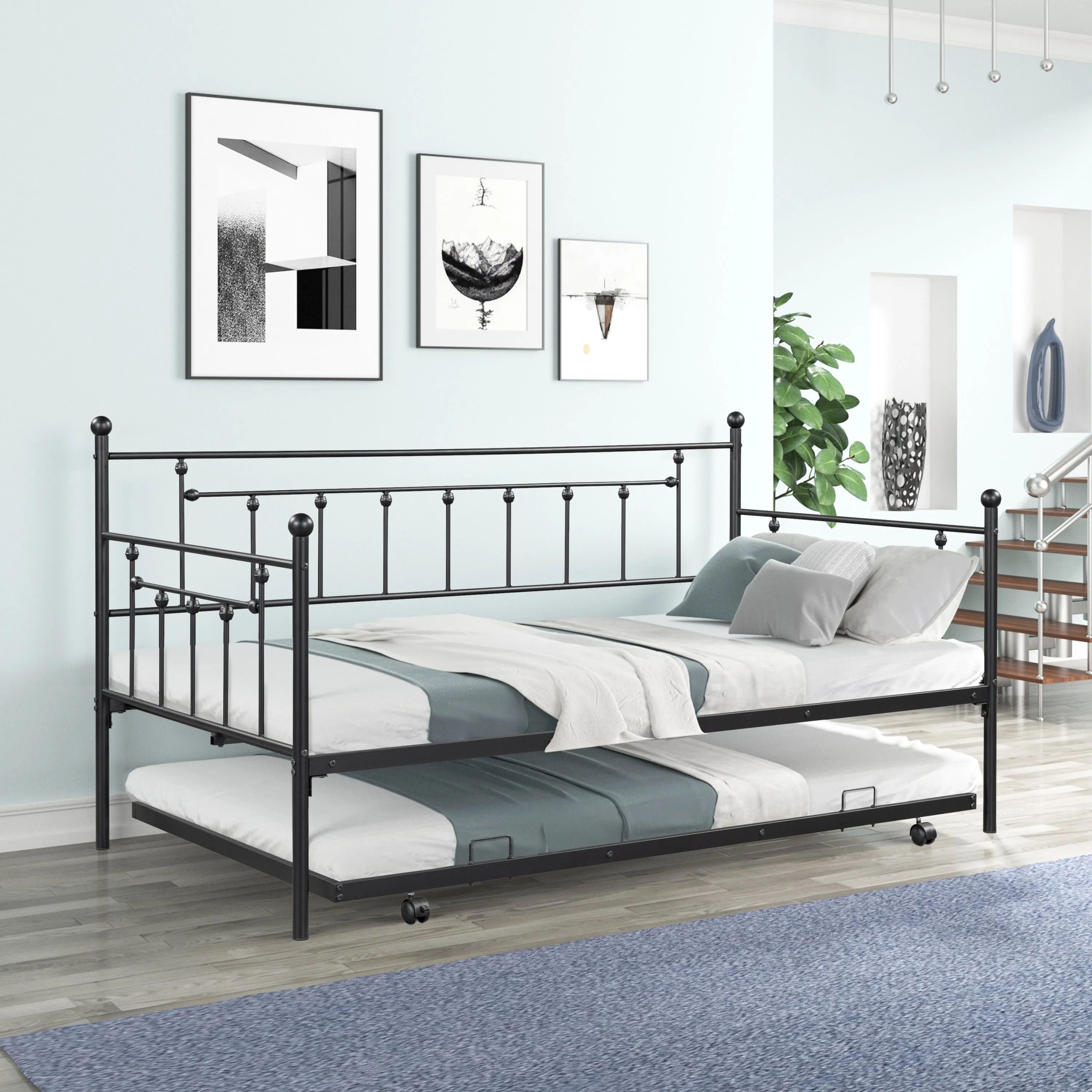 Metal Twin Daybed with Trundle/ Heavy-duty Sturdy Metal/ Noise Reduced/ Trundle for Flexible Space/ Vintage Style/ No Box Spring Needed