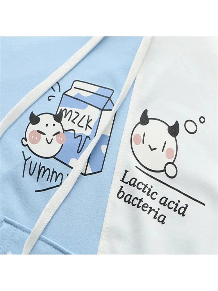 Metaversmall Cartoon Print Patchwork Women Hooded Sweatshirt Drawstring Cotton Hoodies Autumn Winter Harakuju Pullover Tracksuits