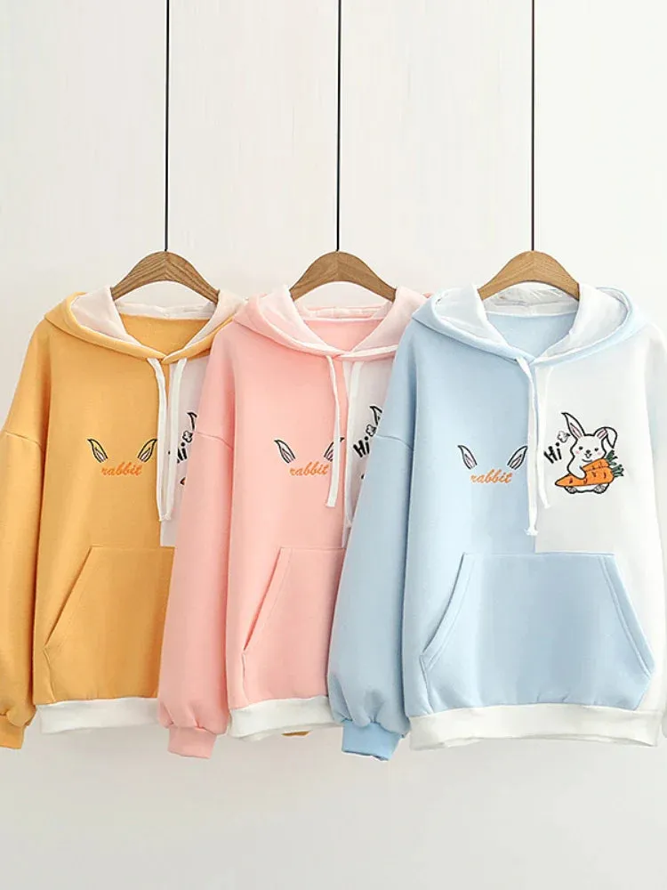 Metaversmall Cartoon Rabbit Embroidery Patchwork Women Hooded Sweatshirts 2023 Autumn Long Sleeve Pocket Kawaii Cute Hoodies Sweet Pullover