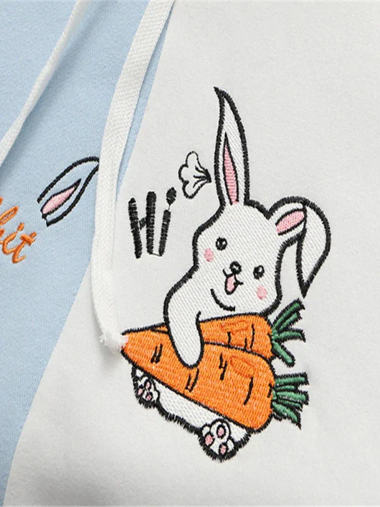 Metaversmall Cartoon Rabbit Embroidery Patchwork Women Hooded Sweatshirts 2023 Autumn Long Sleeve Pocket Kawaii Cute Hoodies Sweet Pullover