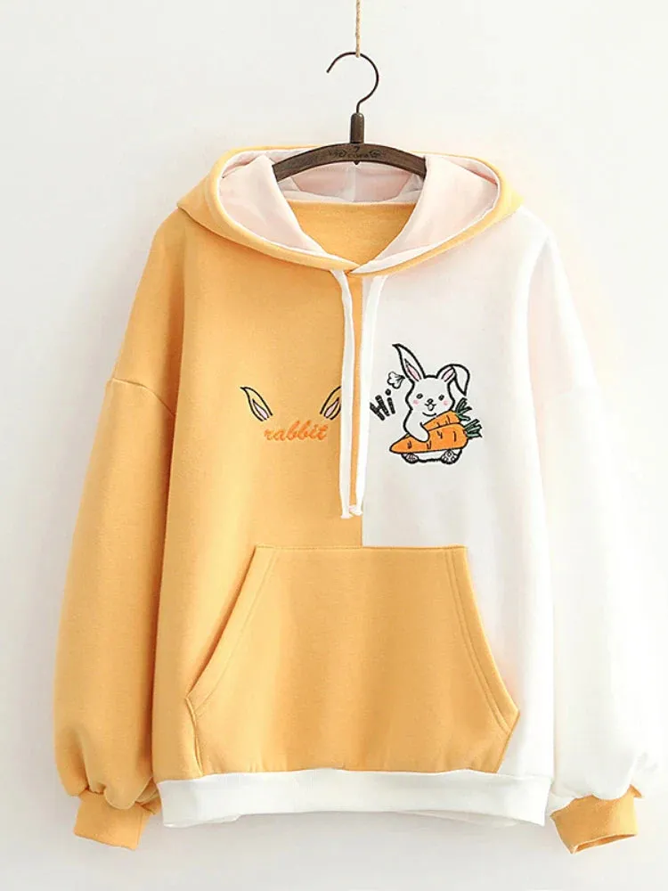 Metaversmall Cartoon Rabbit Embroidery Patchwork Women Hooded Sweatshirts 2023 Autumn Long Sleeve Pocket Kawaii Cute Hoodies Sweet Pullover