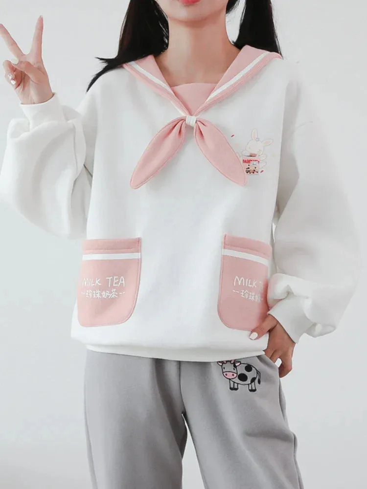 Metaversmall Kawaii Women Sweatshirts Cartoon Print Bow Tops Winter Long Sleeve Sailor Collar Sweet Style Warm Pockets Cute Pullover Top