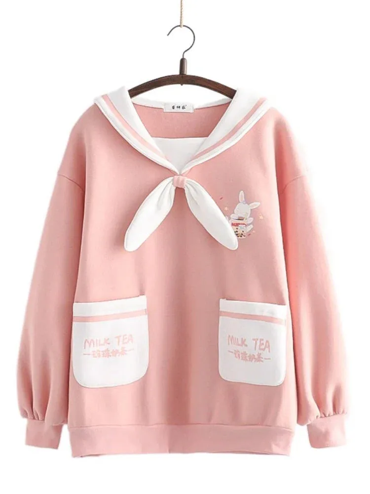 Metaversmall Kawaii Women Sweatshirts Cartoon Print Bow Tops Winter Long Sleeve Sailor Collar Sweet Style Warm Pockets Cute Pullover Top