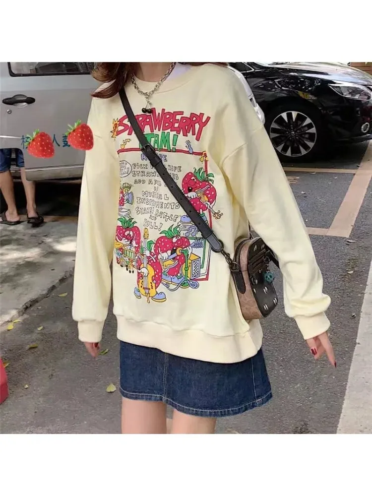 Metaversmall S-2XL Autumn Harajuku Retro Casual O-Neck Pullover Sweet Strawberry Print Top Women Loose Streetwear Sweatshirt High Quality