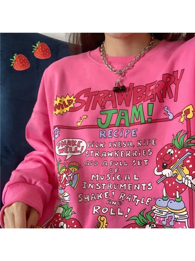 Metaversmall S-2XL Autumn Harajuku Retro Casual O-Neck Pullover Sweet Strawberry Print Top Women Loose Streetwear Sweatshirt High Quality