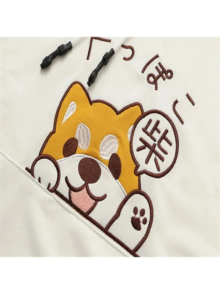 Metaversmall Women Cotton Hoodies And Sweatshirt Cartoon Dog Embroidery Patchwork Hooded Pullover For Sweet Style Girl Drawstring Tracksuits