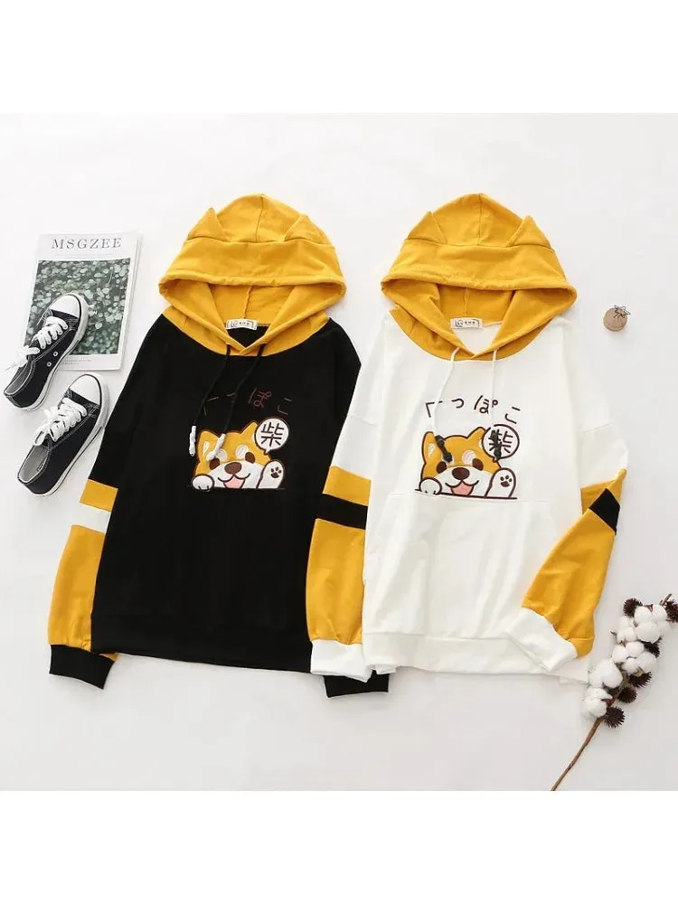 Metaversmall Women Cotton Hoodies And Sweatshirt Cartoon Dog Embroidery Patchwork Hooded Pullover For Sweet Style Girl Drawstring Tracksuits