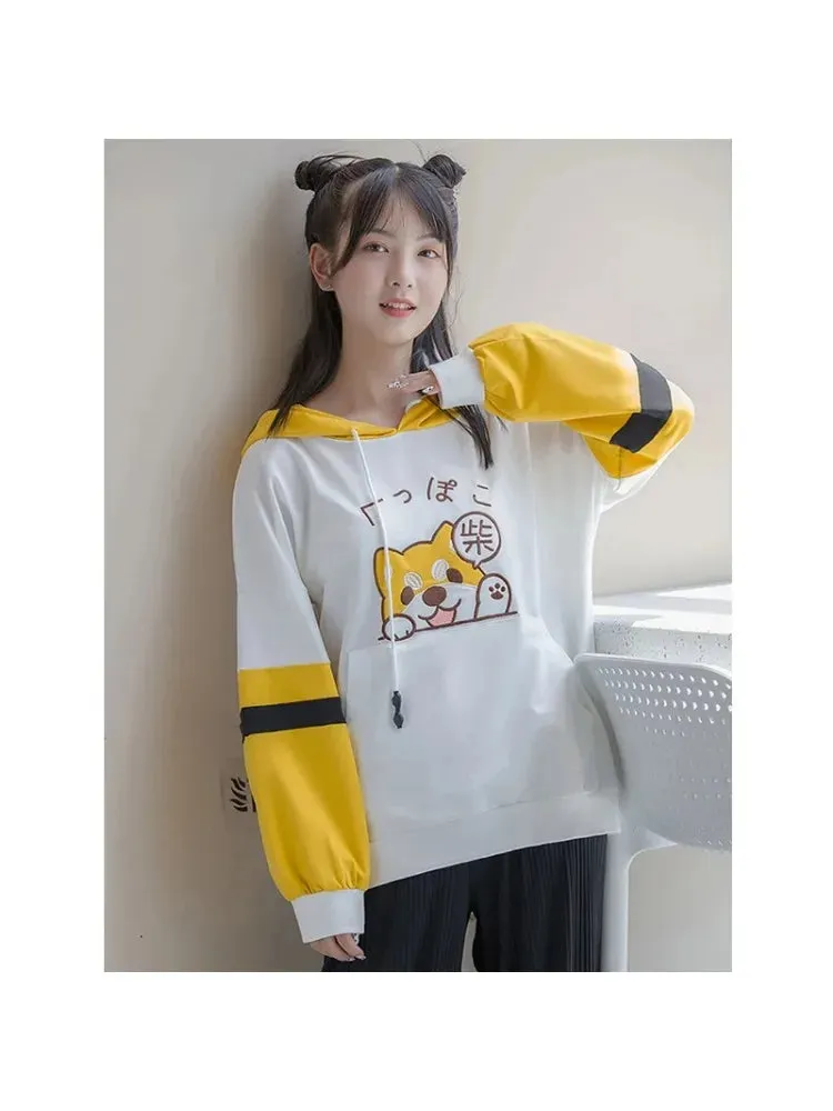 Metaversmall Women Cotton Hoodies And Sweatshirt Cartoon Dog Embroidery Patchwork Hooded Pullover For Sweet Style Girl Drawstring Tracksuits