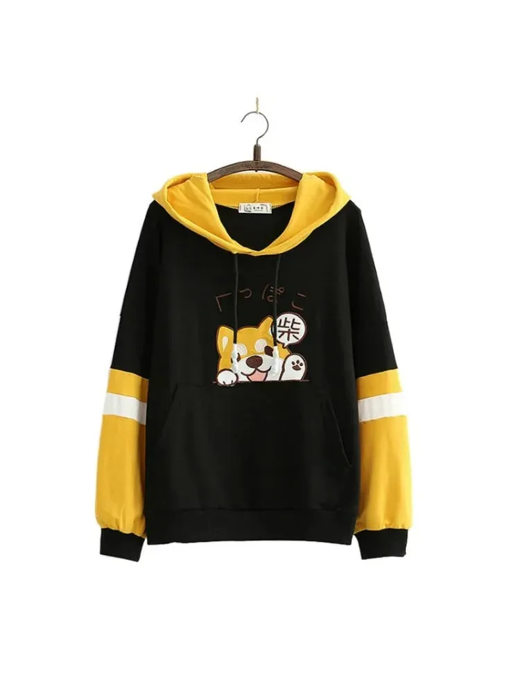 Metaversmall Women Cotton Hoodies And Sweatshirt Cartoon Dog Embroidery Patchwork Hooded Pullover For Sweet Style Girl Drawstring Tracksuits