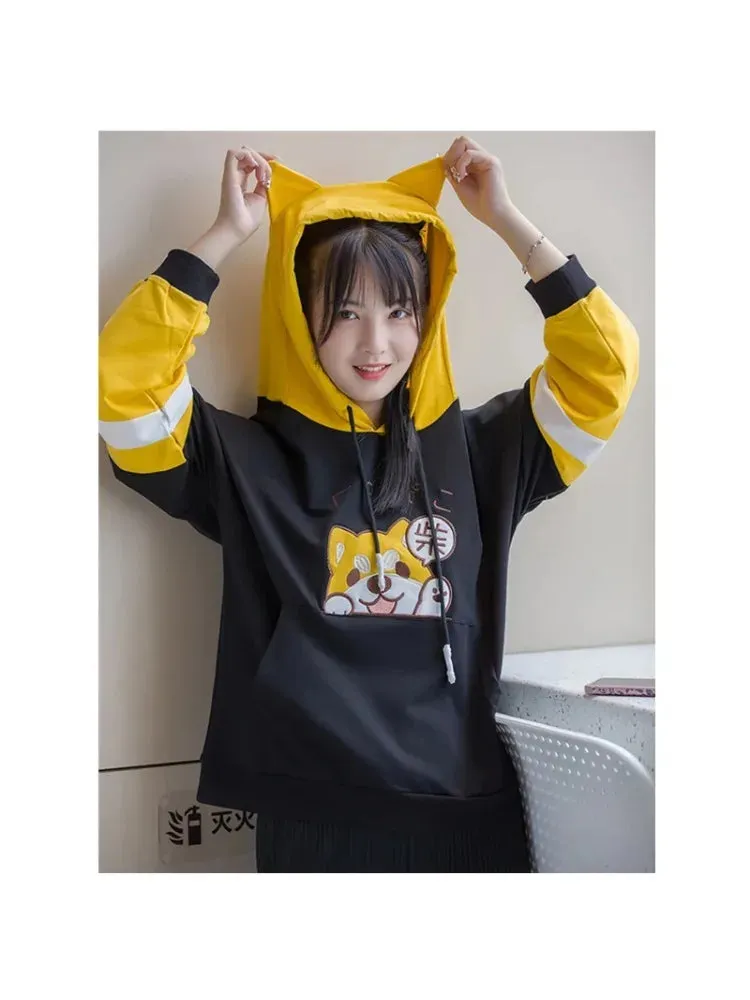 Metaversmall Women Cotton Hoodies And Sweatshirt Cartoon Dog Embroidery Patchwork Hooded Pullover For Sweet Style Girl Drawstring Tracksuits