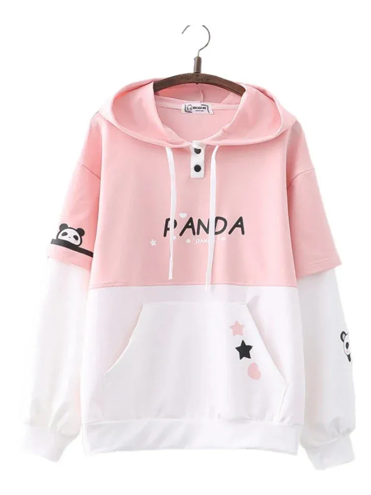 Metaversmall Women cotton Hoodies Spring Long Sleeve Drawstring letter print Hooded Sweatshirt Female Harajuku Cute Pullover Tops