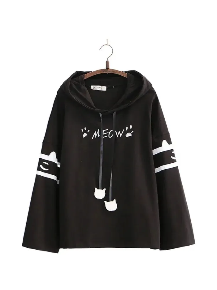 Metaversmall Women's Hooded Sweatshirt Letter Print Drawstring Cotton Hoodies Autumn Winter Long Sleeve Harakuju Pullover Tracksuits