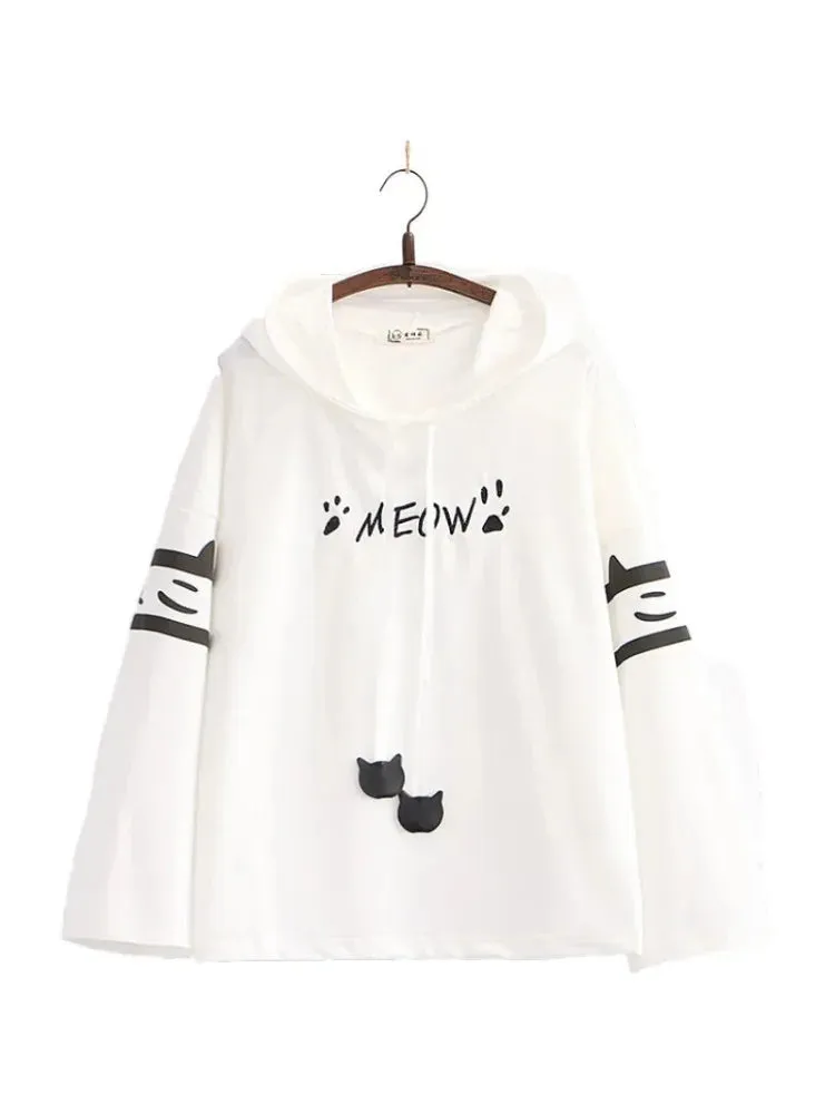 Metaversmall Women's Hooded Sweatshirt Letter Print Drawstring Cotton Hoodies Autumn Winter Long Sleeve Harakuju Pullover Tracksuits