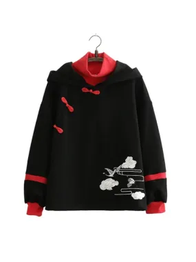 Metaversmall Women's Sweatshirt Black Cartoon Embroidery Harakuju Hooded Pullover Long Sleeve Sweet Style Top Winter Clothes Women