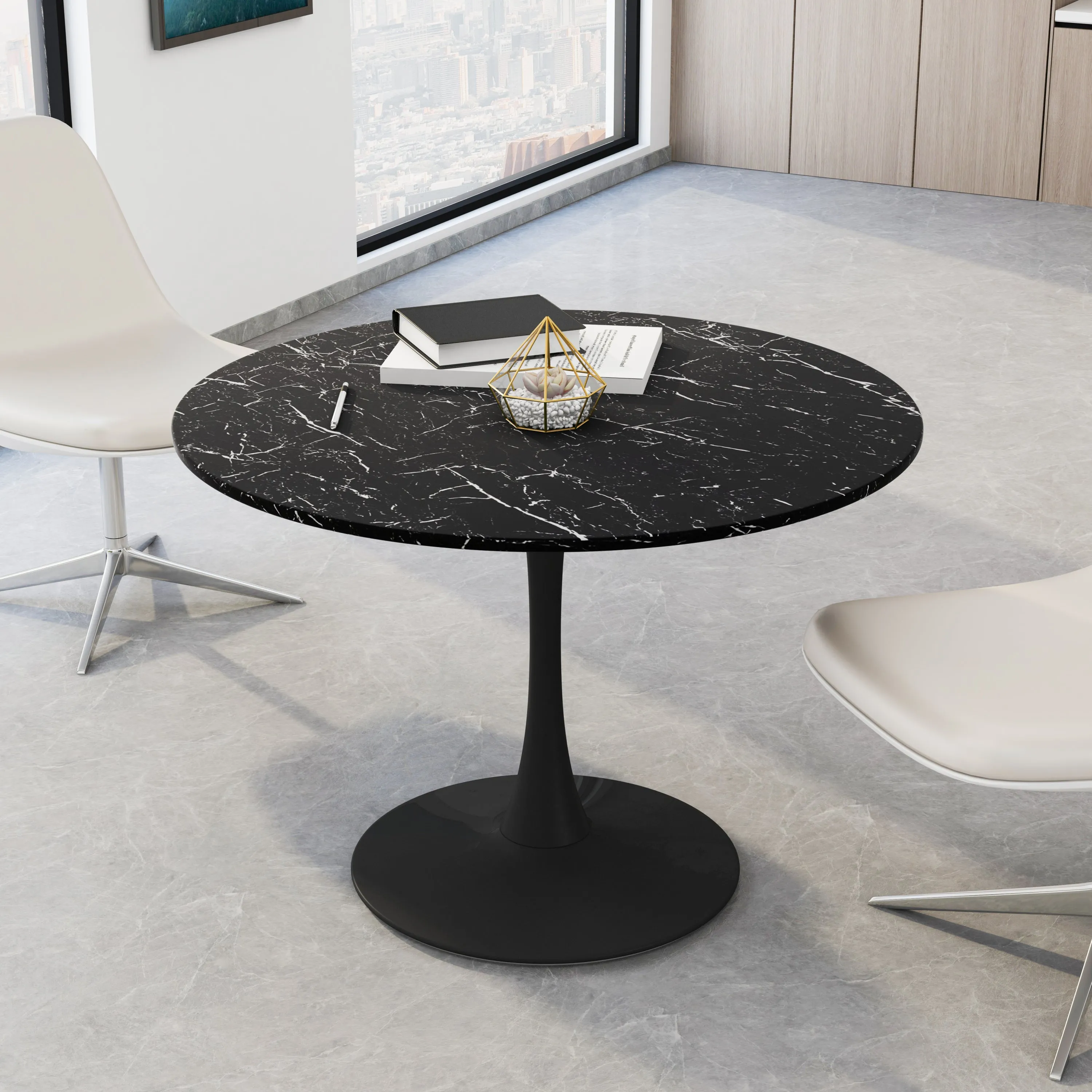 Modern Round Dining Table with Printed Black Marble Table Top