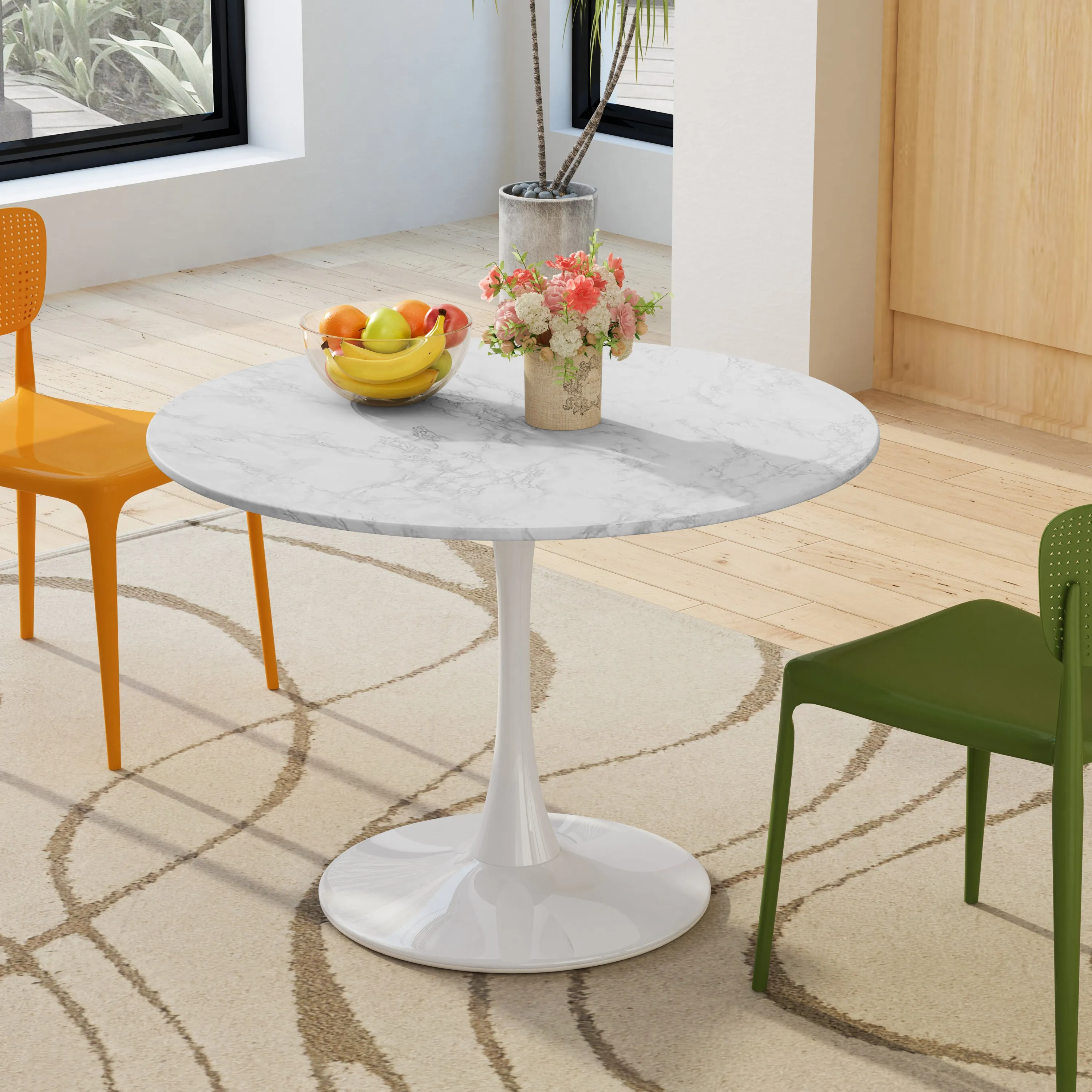 Modern Round Dining Table with Printed White Marble Table Top