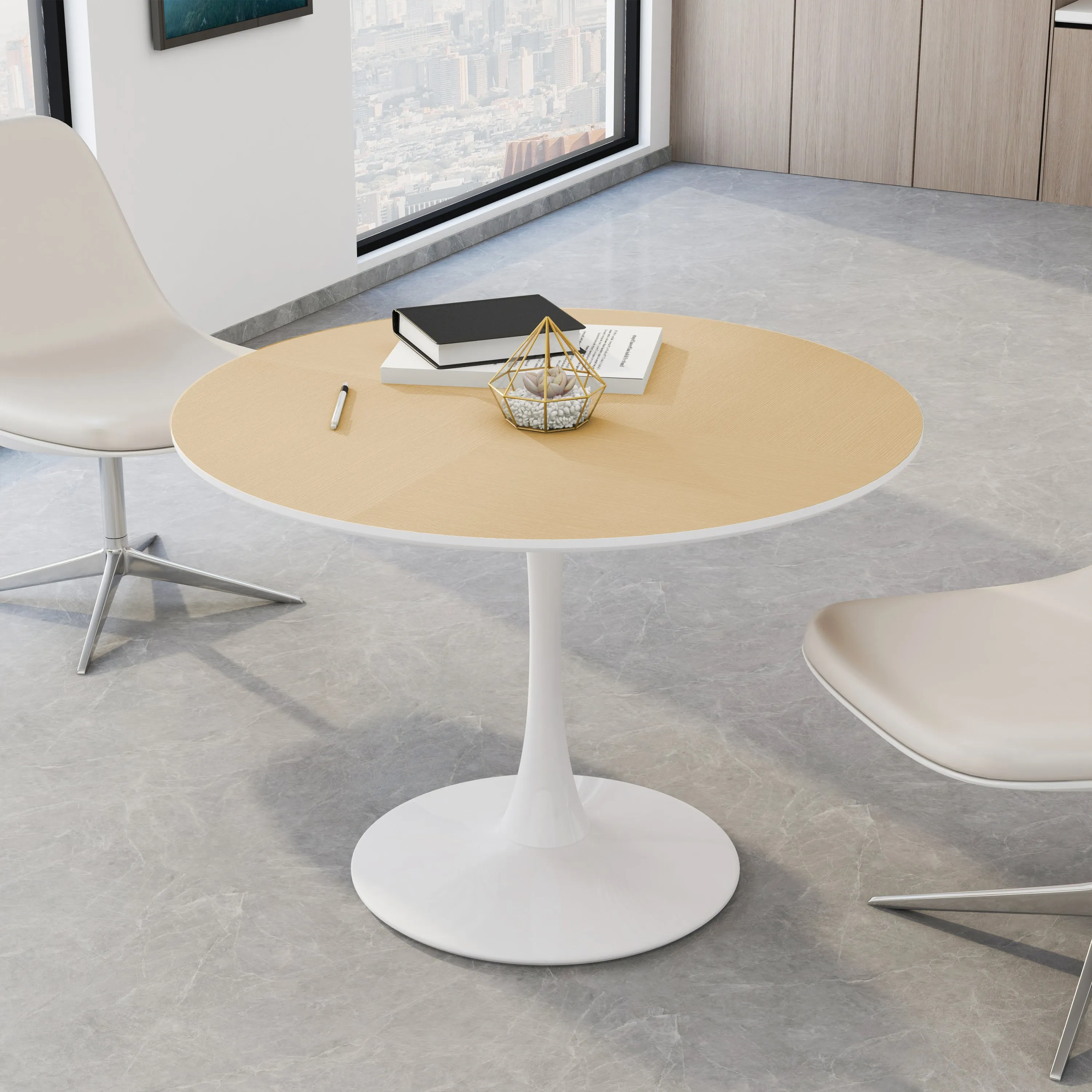 Modern Round Dining Table with Printed Wood Grain Table Top