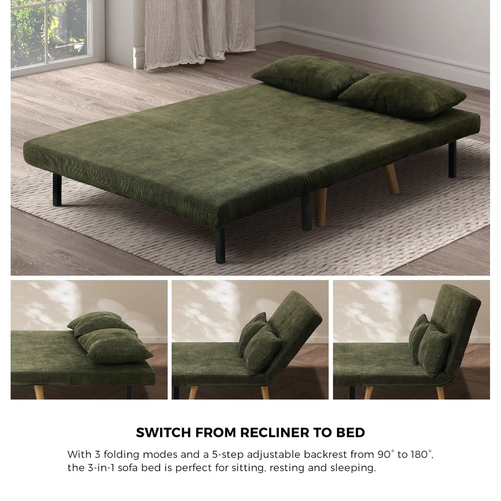 Oikiture Sofa Bed Lounge Chair Polyester Recliner Wood Leg Double Seat Green