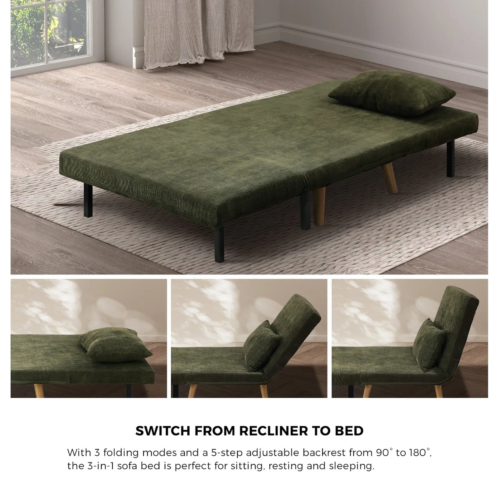 Oikiture Sofa Bed Lounge Chair Polyester Recliner Wood Leg Single Seat Green