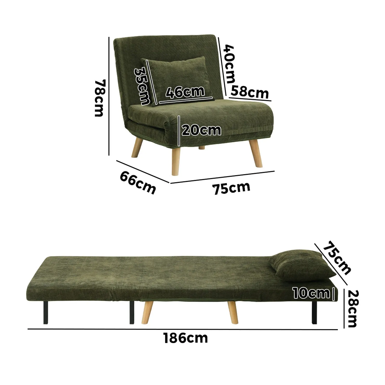 Oikiture Sofa Bed Lounge Chair Polyester Recliner Wood Leg Single Seat Green