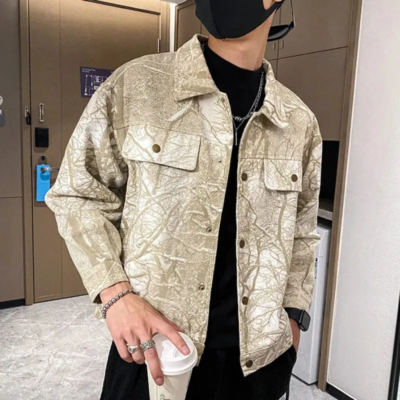 Patterned Denim Jacket Men's Casual Streetwear Outwear Loose Coat