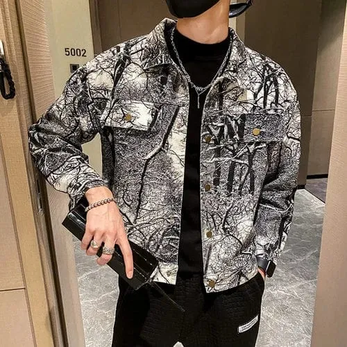 Patterned Denim Jacket Men's Casual Streetwear Outwear Loose Coat