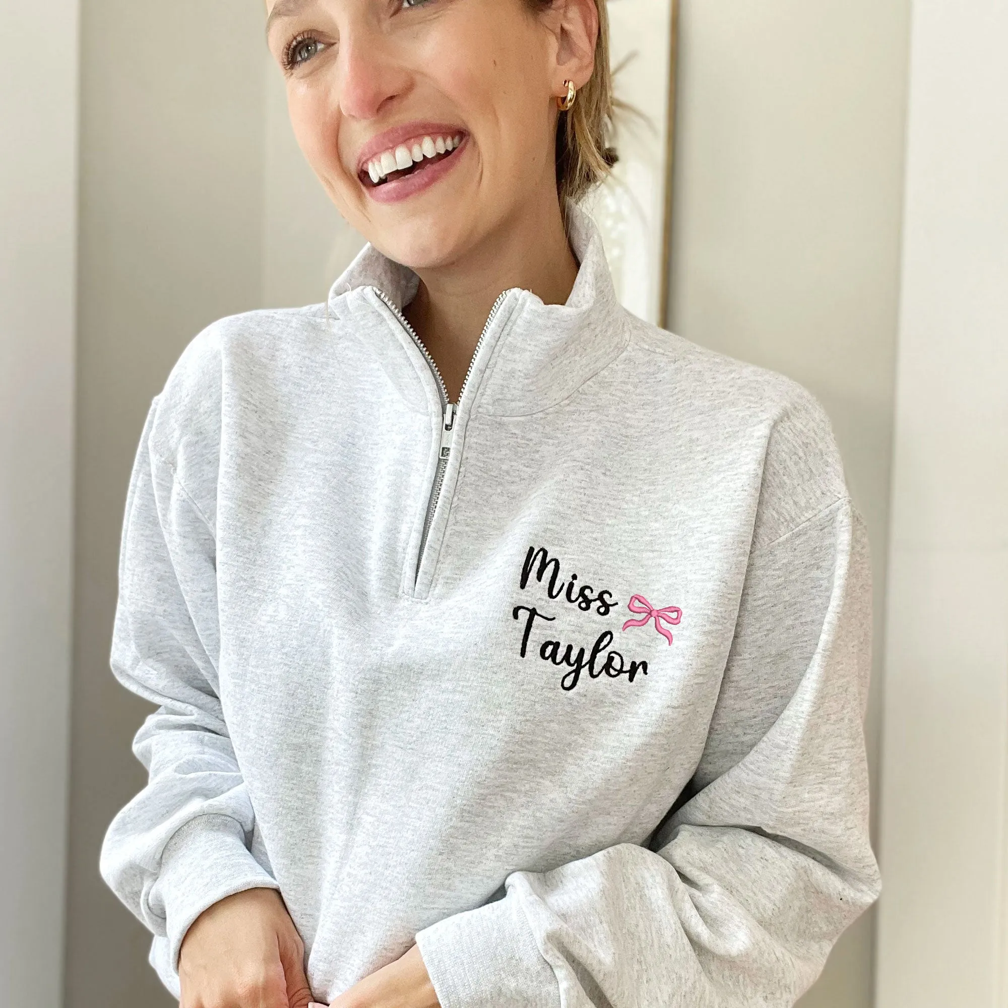 Personalized Teacher Mini Bow Quarter Zip Sweatshirt