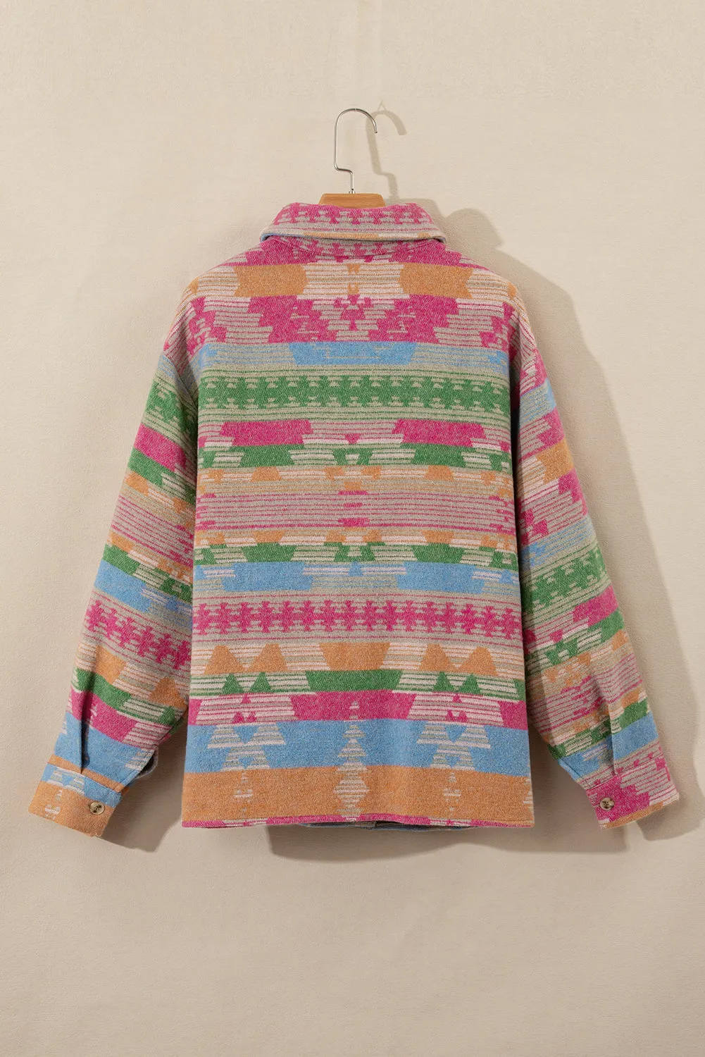 Pink Geometric Print Flap Pocket Plus Size Shacket