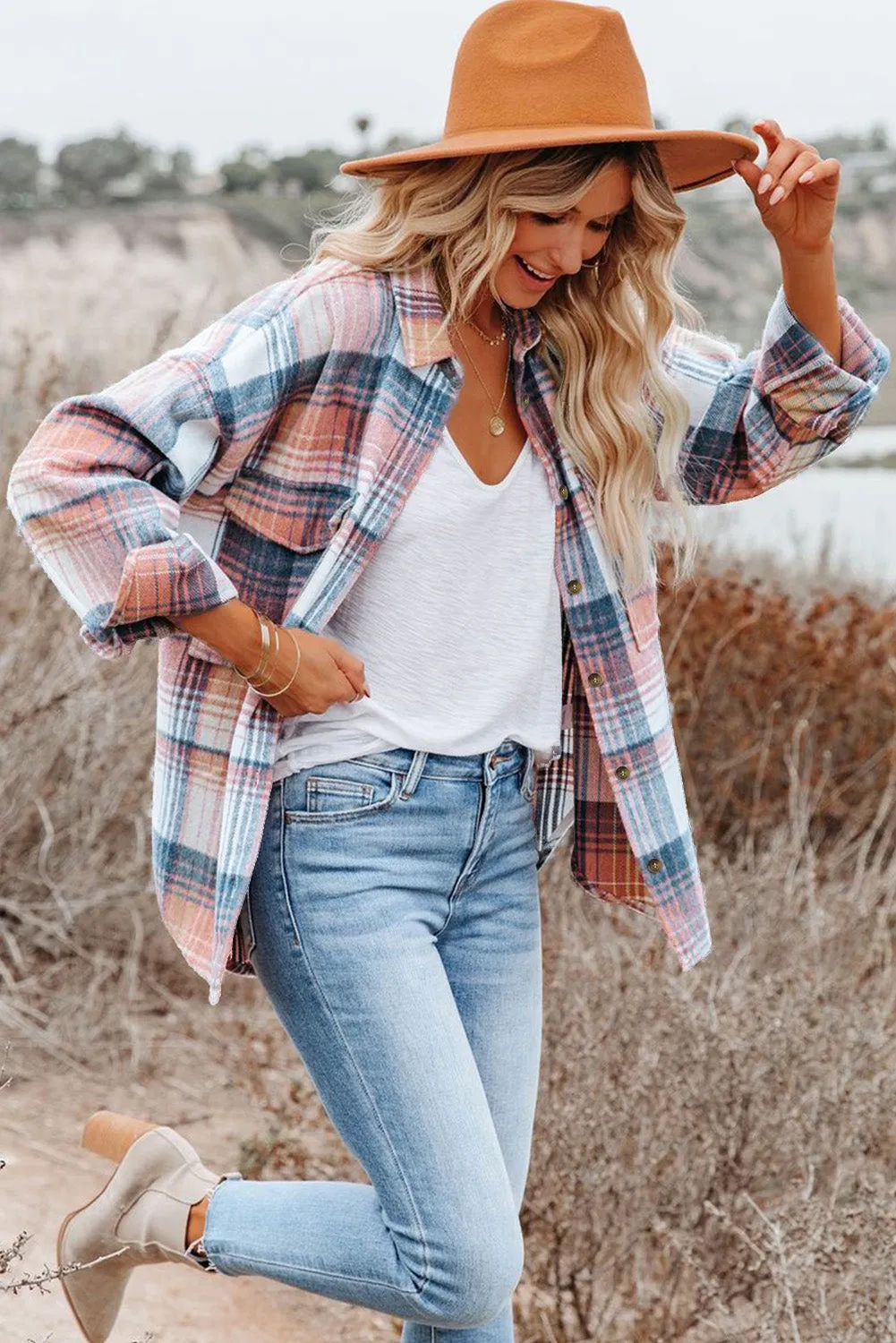 Plaid Flap Pockets Shacket