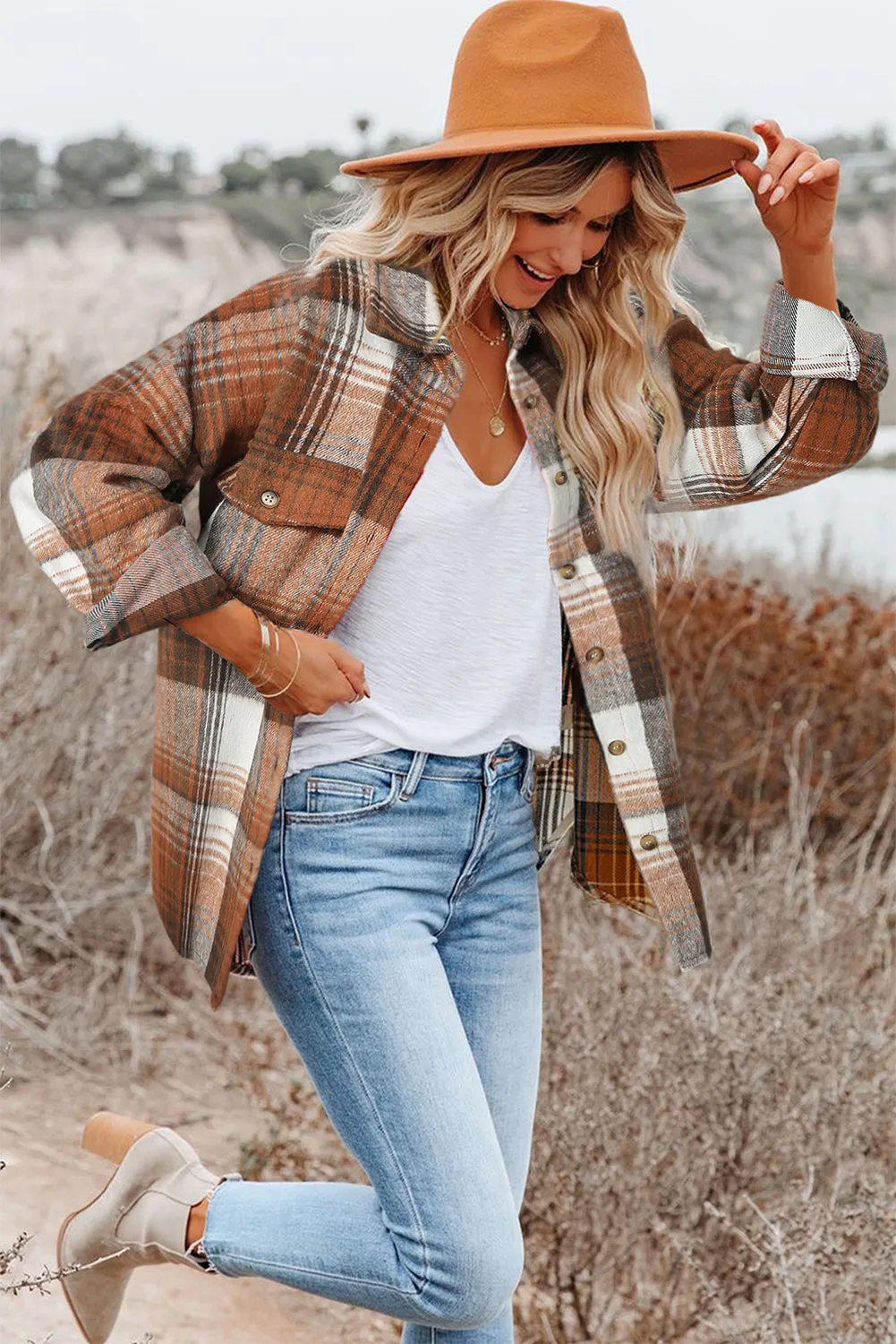 Plaid Flap Pockets Shacket