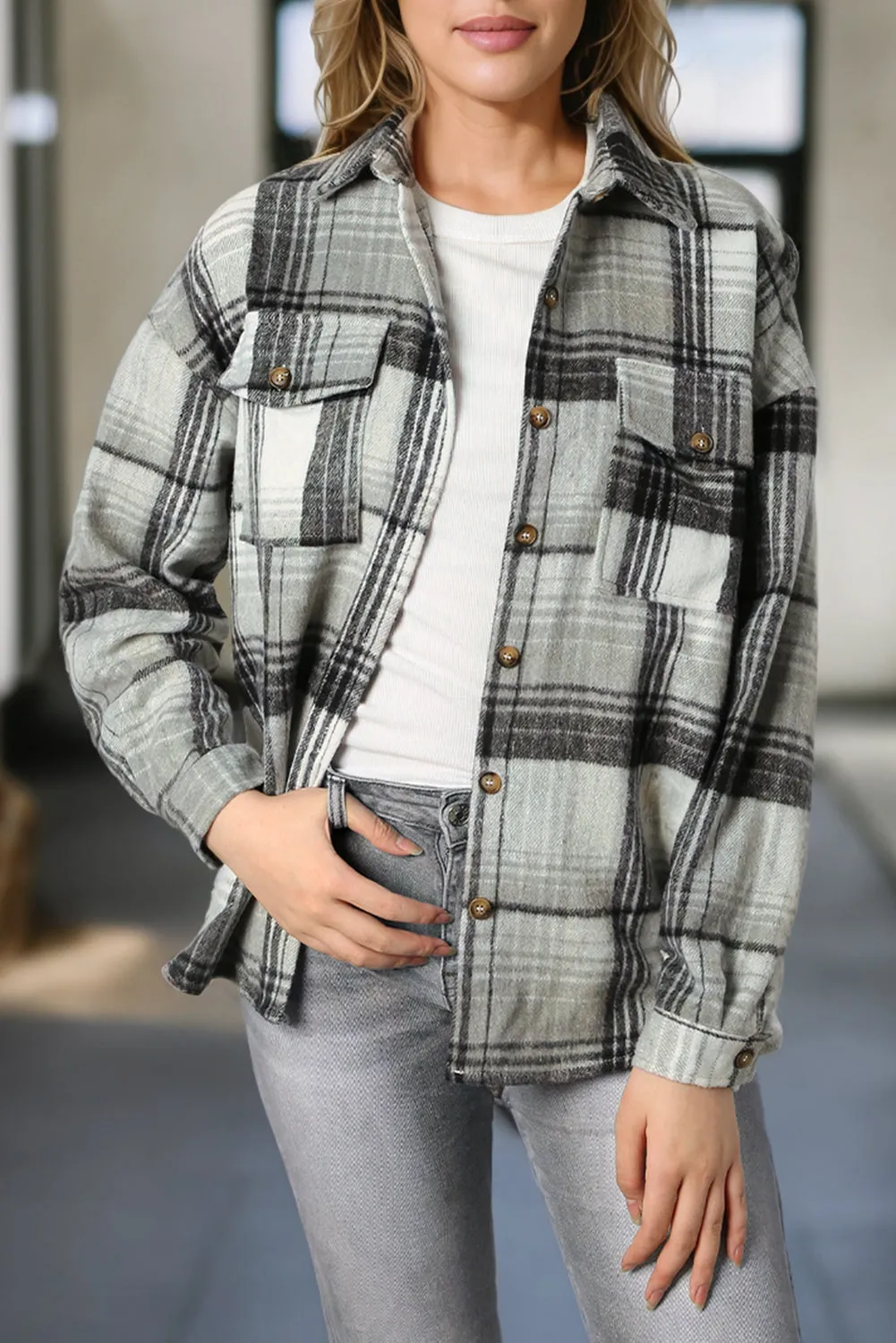 Plaid Flap Pockets Shacket