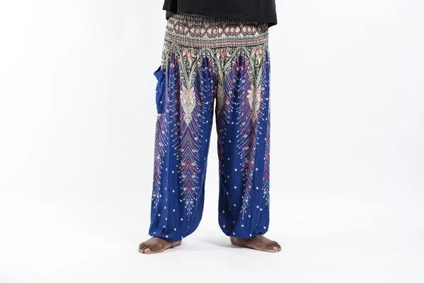 Plus Size Unisex Peacock Feathers Harem Pants in Blue