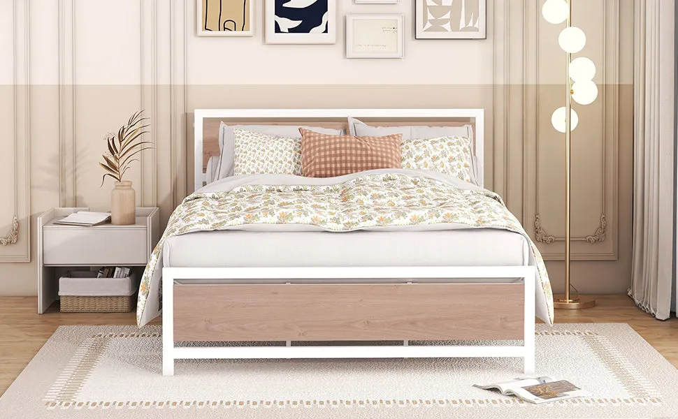 Queen Size Platform Bed, Metal and Wood Bed Frame with Headboard and Footboard , White