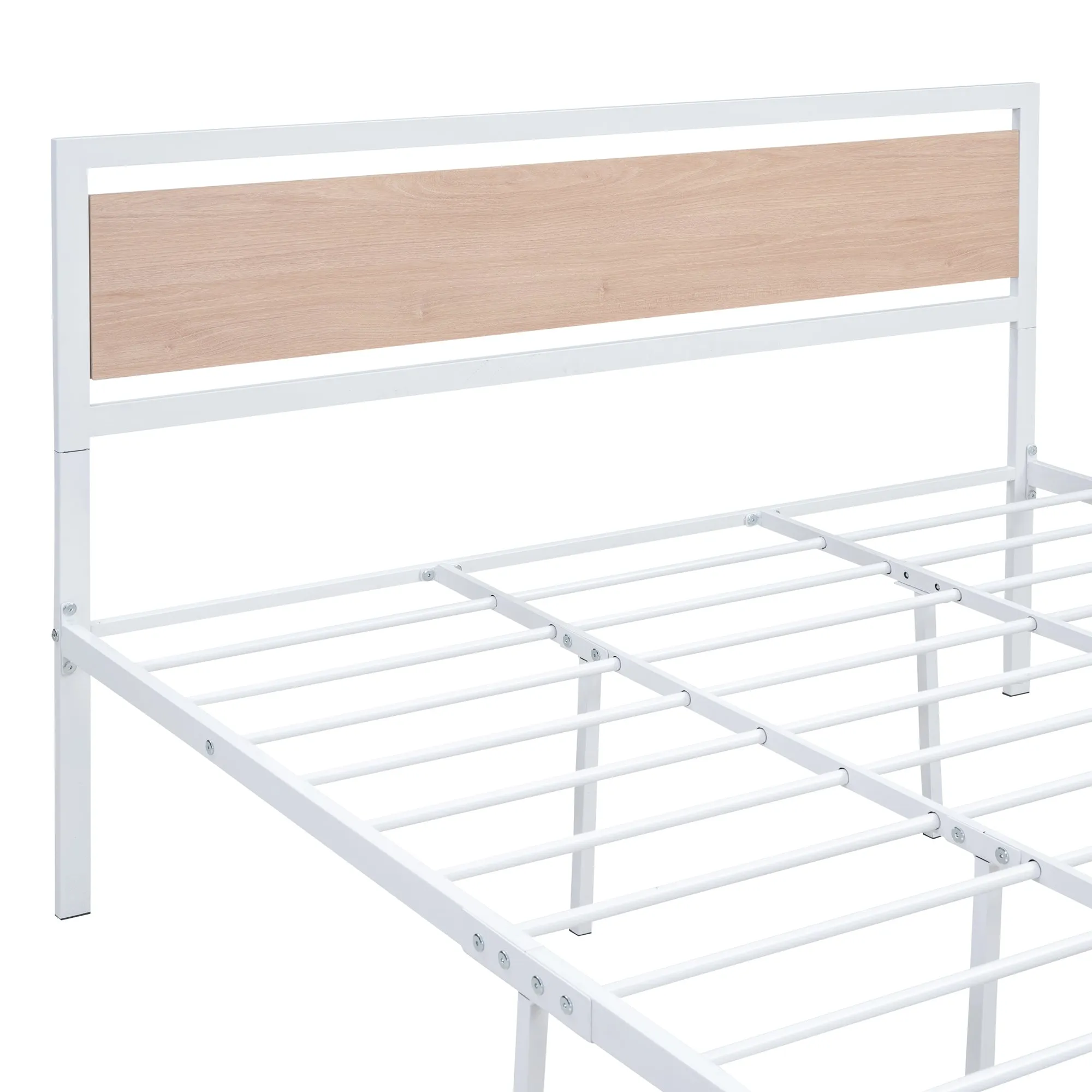 Queen Size Platform Bed, Metal and Wood Bed Frame with Headboard and Footboard , White