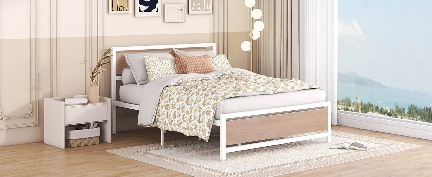 Queen Size Platform Bed, Metal and Wood Bed Frame with Headboard and Footboard , White